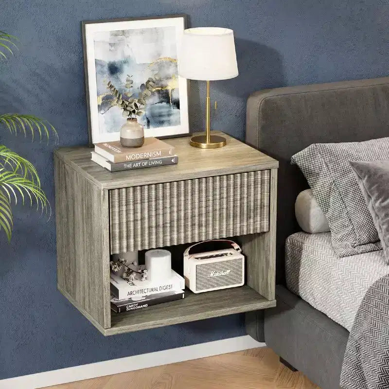 Comodino sospeso a parete grigio con 1 cassetto e 1 ripiano – Set di 2