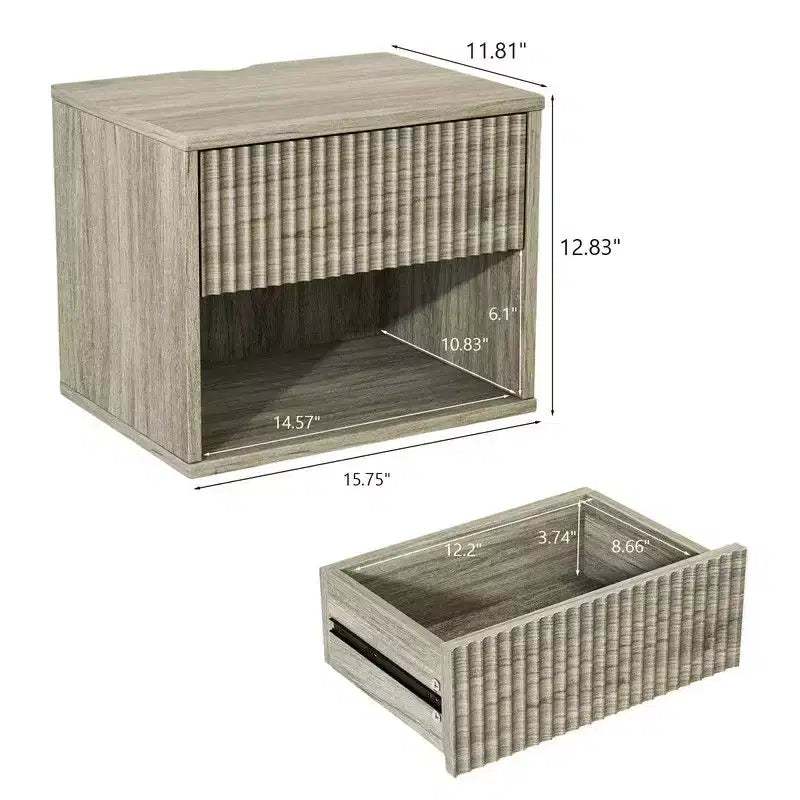 Comodino sospeso a parete grigio con 1 cassetto e 1 ripiano – Set di 2