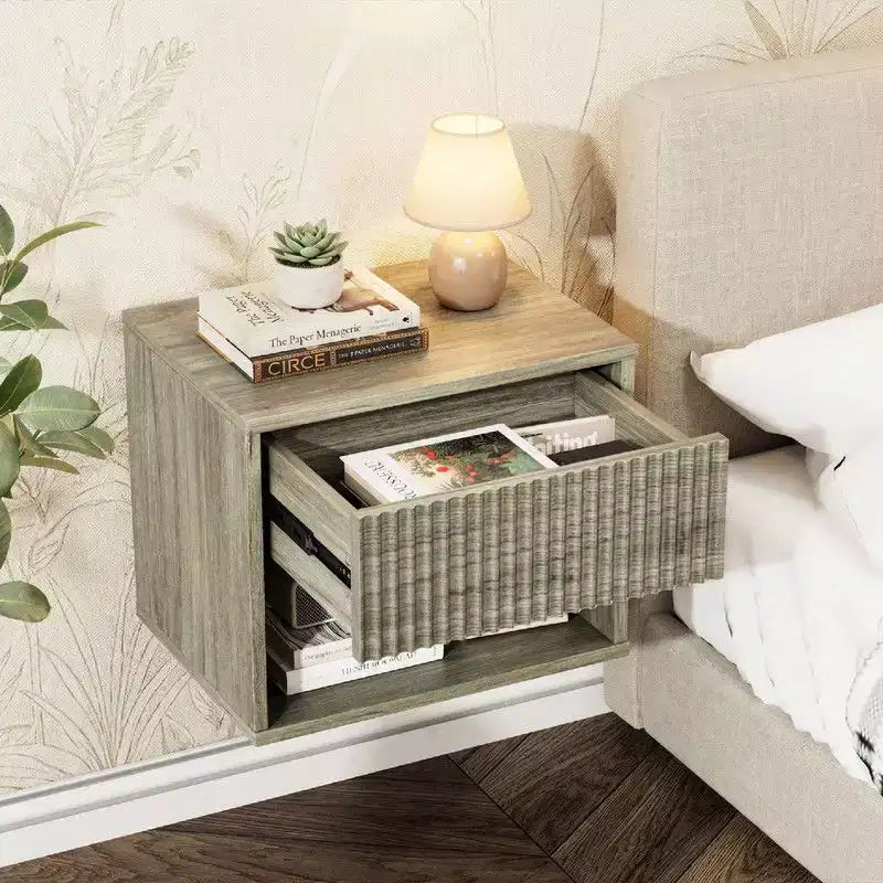 Comodino sospeso a parete grigio con 1 cassetto e 1 ripiano – Set di 2