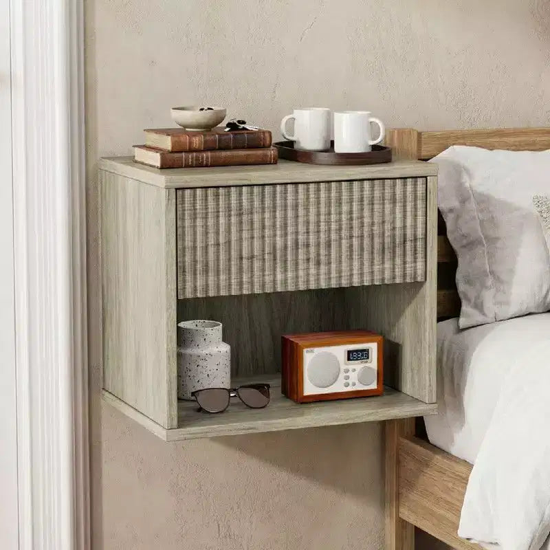 Comodino sospeso a parete grigio con 1 cassetto e 1 ripiano – Set di 2