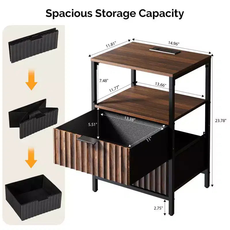 Comodino singolo marrone con 2 cassetti e 1 ripiano, con presa elettrica