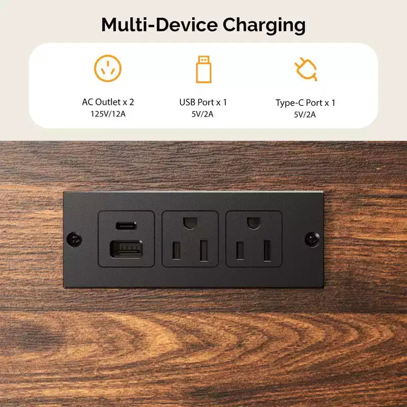 Comodino singolo marrone con 2 cassetti e 1 ripiano, con presa elettrica