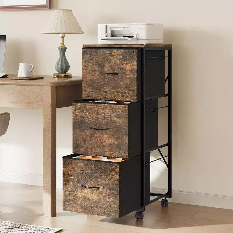 Karl Home15 Inch Embossed Metal Framed Wooden File Cabinet with 3 Tall Drawers and Wheels