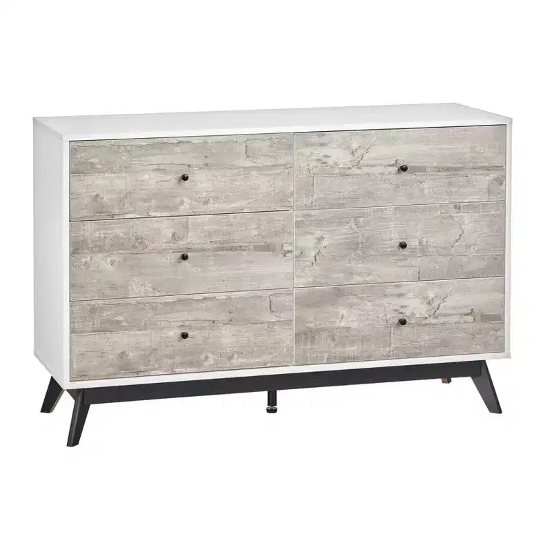 Comò a 6 cassetti in stile metà secolo, grigio/bianco, per 1 persona
