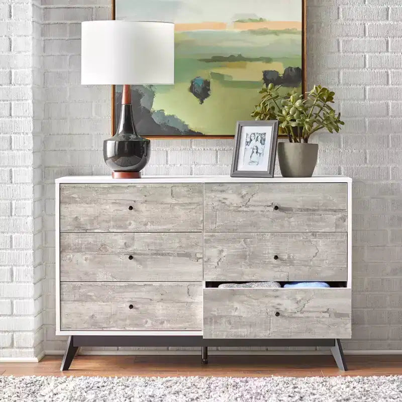 Comò a 6 cassetti in stile metà secolo, grigio/bianco, per 1 persona