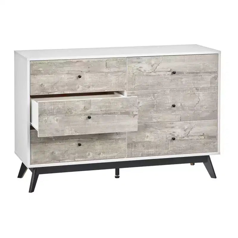 Comò a 6 cassetti in stile metà secolo, grigio/bianco, per 1 persona