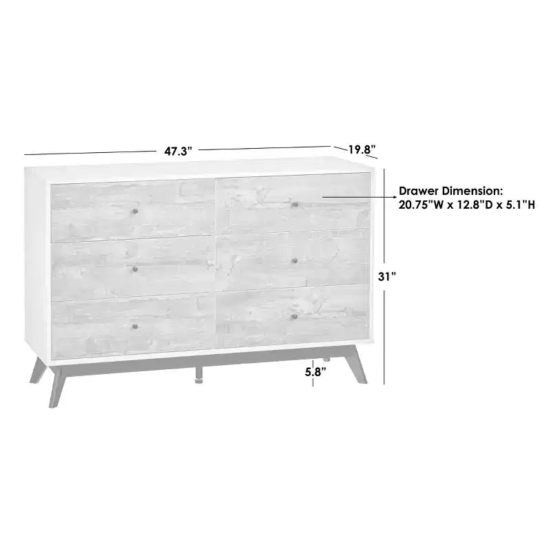 Comò a 6 cassetti in stile metà secolo, grigio/bianco, per 1 persona