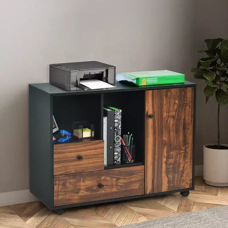 Cassettiera archivio mobile marrone e nera con 2 cassetti e ripiani aperti, 1 persona