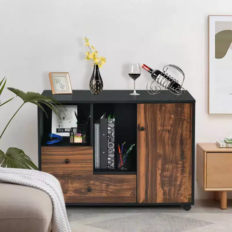 Cassettiera archivio mobile marrone e nera con 2 cassetti e ripiani aperti, 1 persona