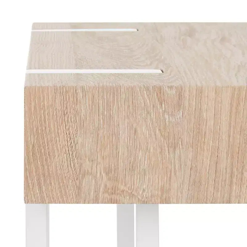Tavolino Quadrato Bianco con Piano in Legno Naturale, Struttura in Ferro, 1 pezzo