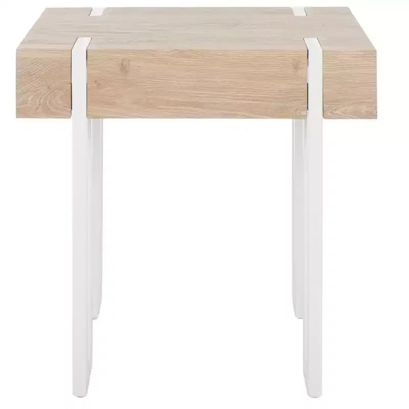 Tavolino Quadrato Bianco con Piano in Legno Naturale, Struttura in Ferro, 1 pezzo