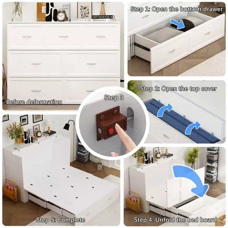 Letto estraibile a scomparsa Murphy bianco con cassetto e stazione di ricarica, una piazza e mezza/matrimoniale, 1–2 persone