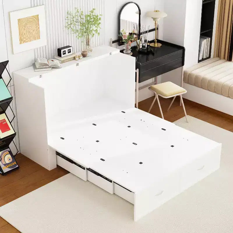 Letto estraibile a scomparsa Murphy bianco con cassetto e stazione di ricarica, una piazza e mezza/matrimoniale, 1–2 persone
