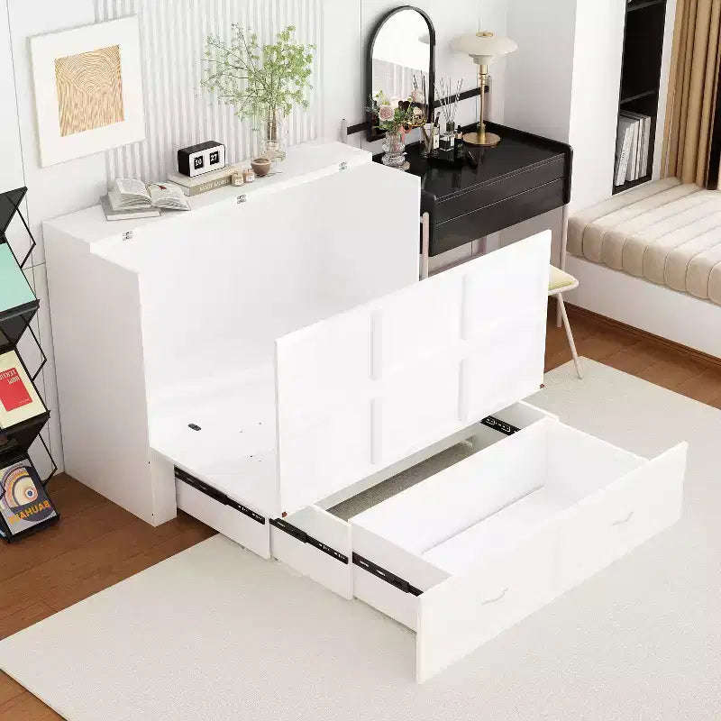 Letto estraibile a scomparsa Murphy bianco con cassetto e stazione di ricarica, una piazza e mezza/matrimoniale, 1–2 persone