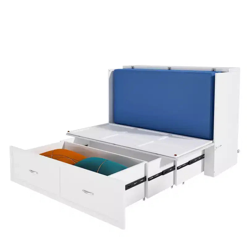 Letto estraibile a scomparsa Murphy bianco con cassetto e stazione di ricarica, una piazza e mezza/matrimoniale, 1–2 persone