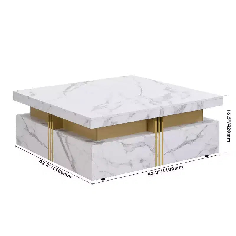 Tavolino da caffè quadrato bianco e oro con 4 cassetti, 1 pezzo
