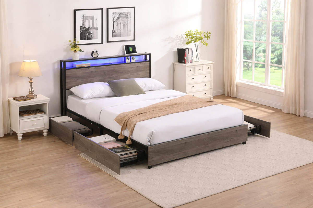 Struttura letto a piattaforma grigio antico/nero+marrone/marrone antico