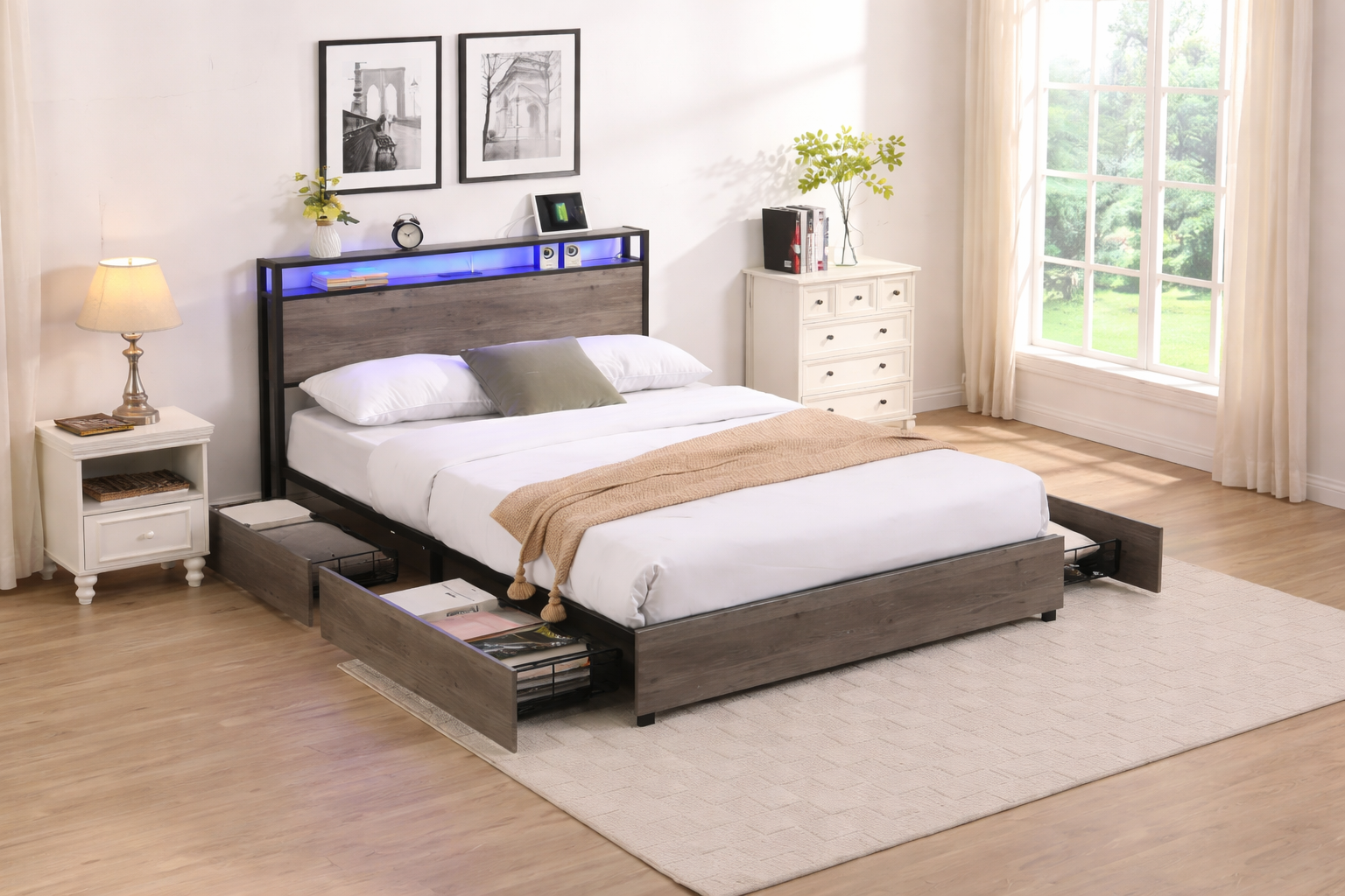 Struttura letto a piattaforma grigio antico/nero+marrone/marrone antico