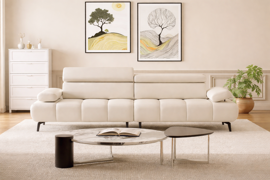 Divano componibile in pelle PU beige, 3 posti, design sdoppiato
