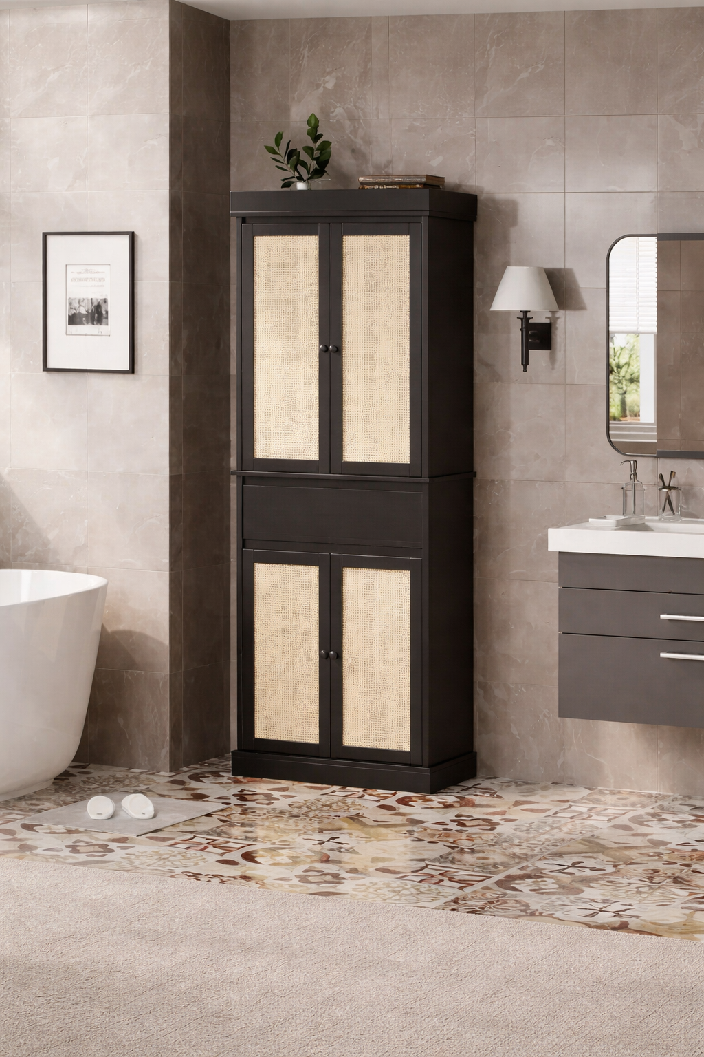 Mobiletto alto nero con anta in rattan, indipendente, singolo