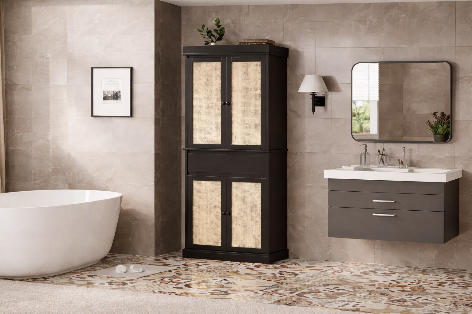 Mobiletto alto nero con anta in rattan, indipendente, singolo