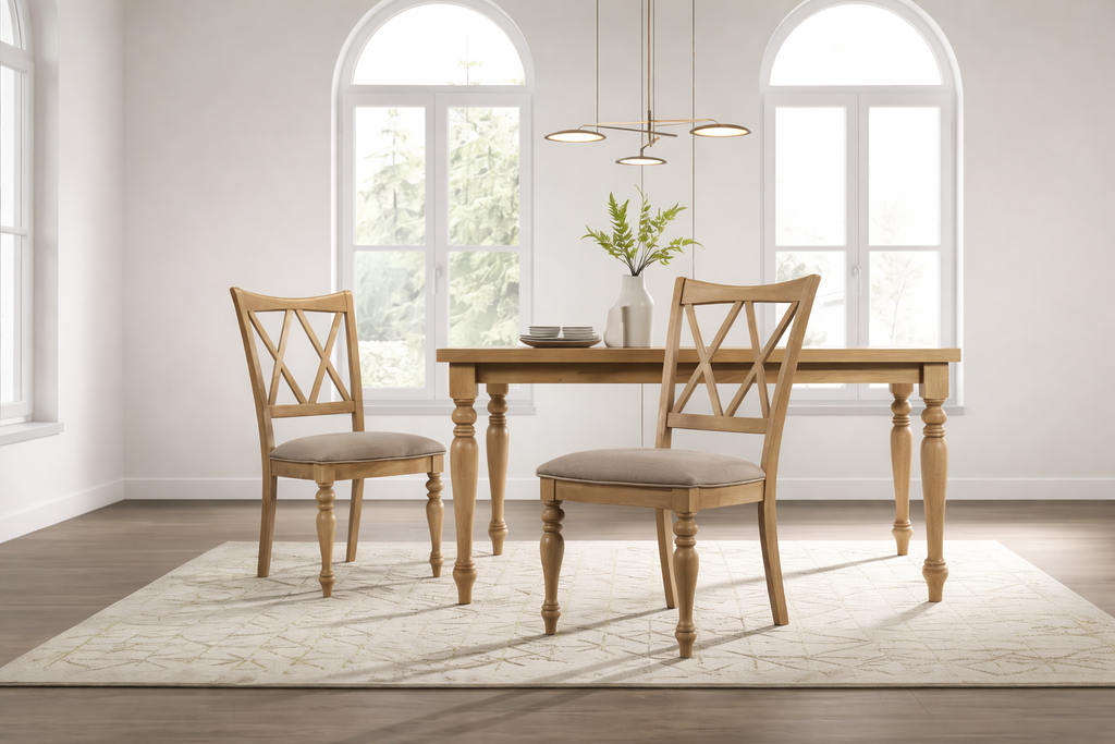 Sedia da pranzo in rovere chiaro con schienale a croce, imbottita beige, set da 2